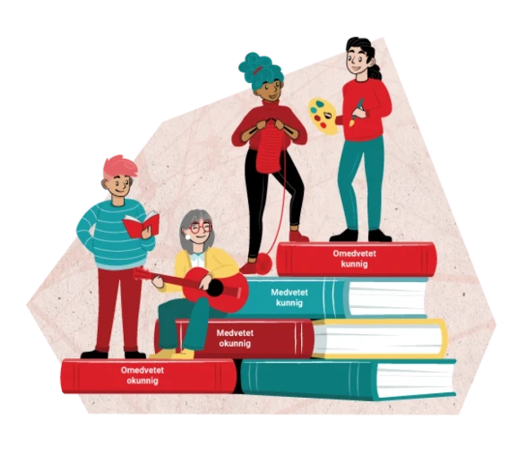 Illustration föreställande människor som läser, spelar gitarr, stickar