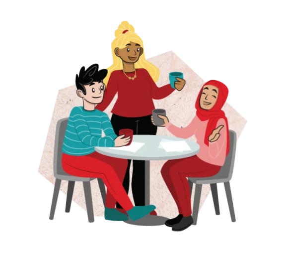 Illustration föreställande människor runt ett fikabord.