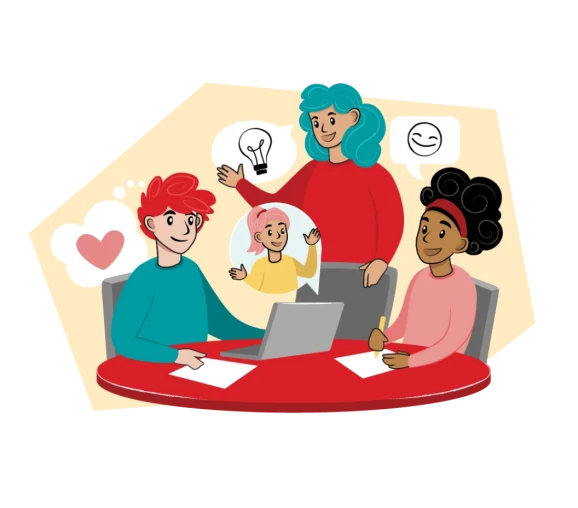 Illustration föreställande människor vid ett bord med datorer.