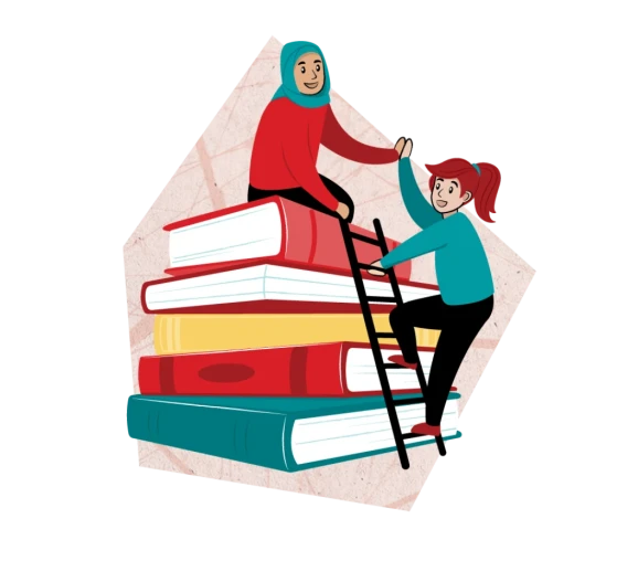 Illustration föreställande en människa som hjälper en annan person upp på en stor trave med böcker.