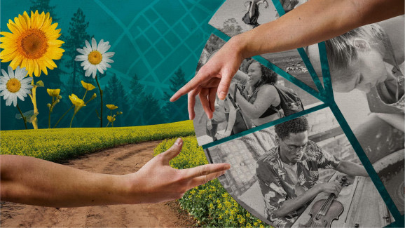 Ett collage av bilder med två händer som sträcker sig mot varandra med ett fält i bakgrunden, träd och himmel i bakgrunden.