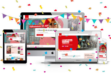 ABFs startsida på tre olika enheter. Runt om enheterna finns konfetti