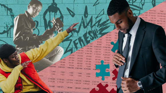 Ett collage av bilder. En man i kostym som rättar till sin slips och en man i mössa och luvtröja. I bakgrunden en unge pojke som spelar gitarr.