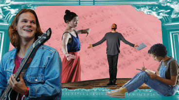 Ett collage av bilder. En man som spelar gitarr, en kvinna som dansar, en man som skådespelar, en flicka som läser. Inramat av en scen mot en bakgrund av notblad.
