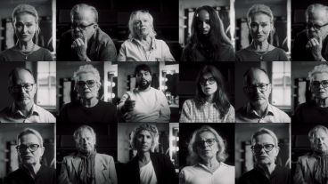 Collage av porträtt på kända kulturpersonligheter i svartvitt