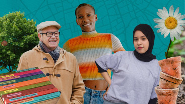 Ett collage av bilder. En äldre man och två yngre kvinnor bredvid varandra. Böcker och en blomkruka i förgrunden. En karta i bakgrunden med ett grönskande träd.