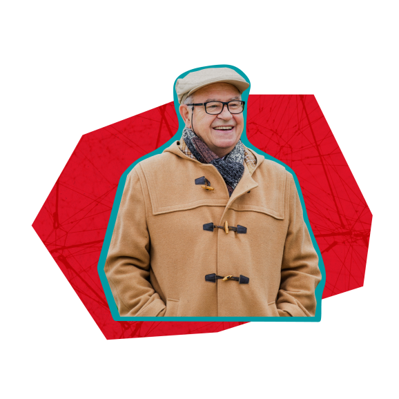 Äldre man ler och har en beige rock med turkos och röd bakgrund