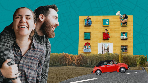 Ett collage. En man och en biodlare står framför en rad hus på en gata