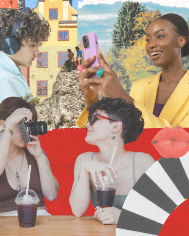 Kollage på hus, två tjejer som fotar, en tjej som kollar på telefonen, en kille med hörlurar