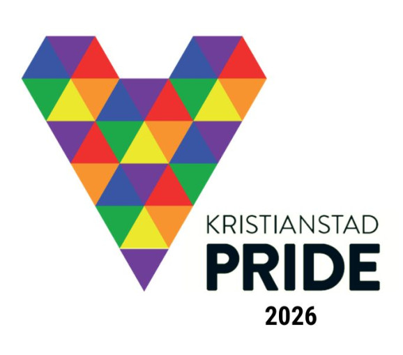 Vit bakgrund med Kristianstad Pride logga. Ett grafiskt hjärta gjort av trianglar i olika färgstarka färger. Bredvid syns en svart text: Kristianstad Pride 2026.