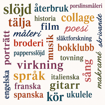 Kollagebild över olika ord. Slöjd, återbruk, collage, broderi, virkning, sång, gitarr, kör, makram+e, språk, spanska, franska, porträtt, måleri, tälja, poesi, bokklubb, släktforskning, ukulele, italienska, tovning, skrivande, pappersslöjd, engelska, porslinsmålning, film och pappersslöjd.