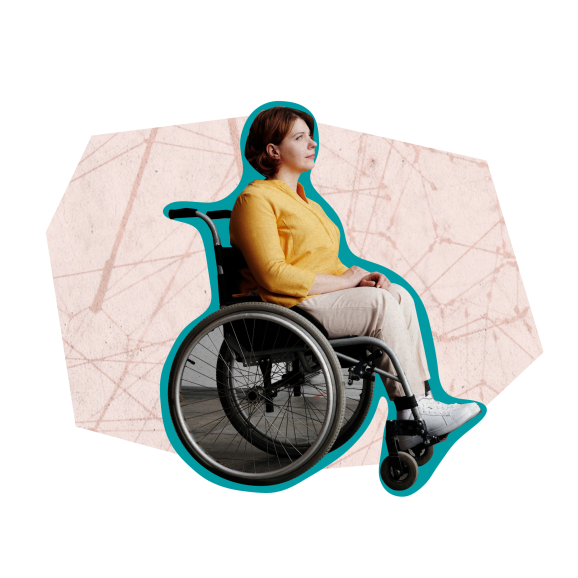 Kvinna i gul blus, i rullstol har en turkos och beige bakgrund