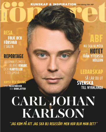 Fönstret nummer 1 2025 omslag. Gulorange bakgrundsfärg med ett ansiktsporträtt av regissören Carl Johan Karlson ovanpå.