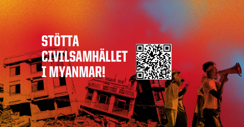 Texten "stöta civilsamhället i myamar" står mot en röd bakgrund med svartvita trasiiga hus i nedrekant.