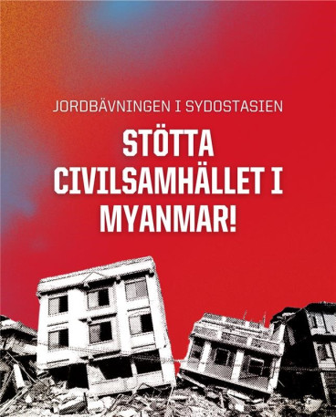 Texten "stöta civilsamhället i myamar" står mot en röd bakgrund med svartvita trasiiga hus i nedrekant.