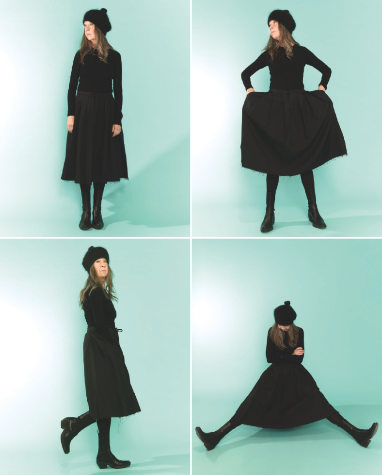 Collage med fyra bilder på Ingela Olsson i svart klänning mot turkos bakgrund.