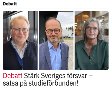 Bild på: Peter Hultqvist (S), fd försvarsminister och ordförande i riksdagens försvarsutskott Tomas Eneroth, förbundsordförande ABF Marie Olsson, distriktsordförande ABF Mitt