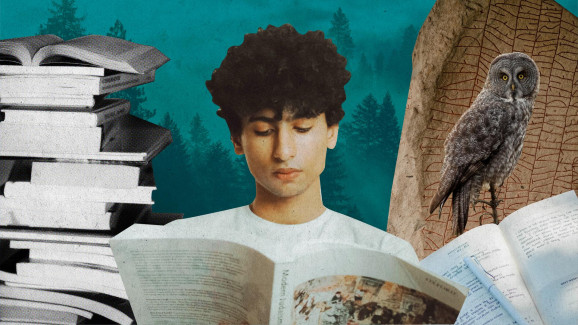 Ett collage av bilder. En ung man läser en bok, runtom honom en uggla, en runsten och en stapel med böcker.