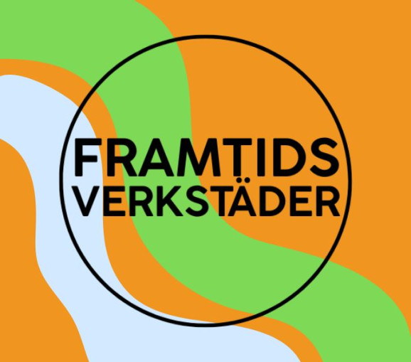 Grafisk bild för projektet framtidsverkstäder. Logga med texten Framtidsverkstäder.