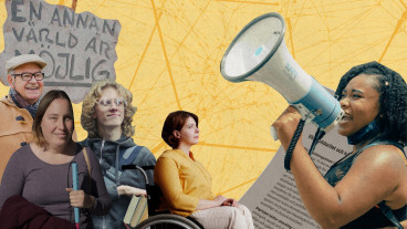 Ett collage av människor där en kvinna håller en megafon, med en tidningssida i bakgrunden,