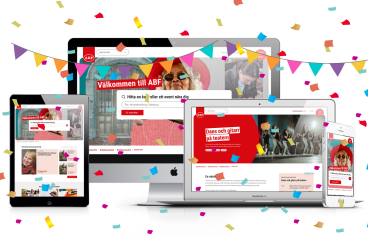 ABFs startsida på tre olika enheter. Runt om enheterna finns konfetti