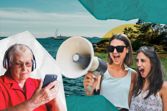 Collage med tre personer, två som skriker i megafon och en kvinna bakom en telefon