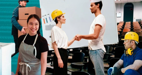 Collage med människor i olika jobbpostioner som varuplockare, byggarbetare med mera