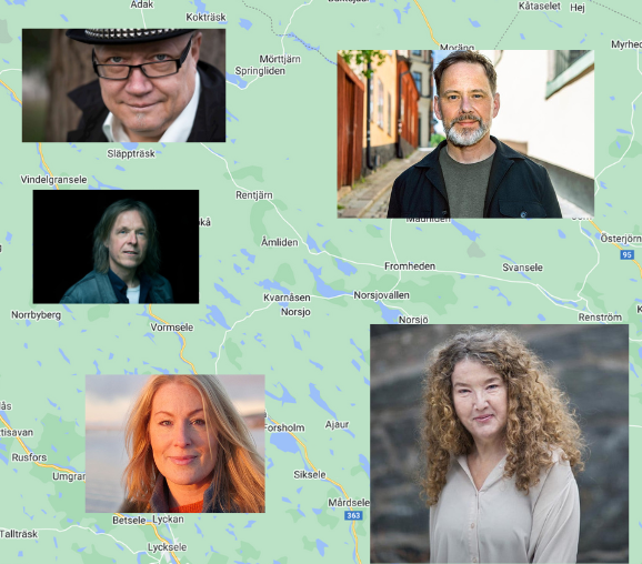 kollage med porträtt av västerbottniska författare ovanpå en karta över västerbotten
