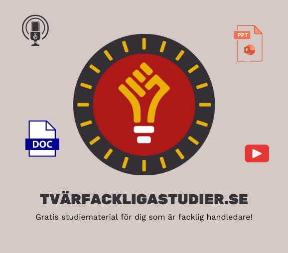 Logotyp för tvärfackliga studier som föreställer en glödlampa med formen som en knuten näve. Omkring logotypen syns ikoner för podcast, dokument, videos och powerpoint. Text: tvärfackligastudier.se gratis studiematerial för dig som är facklig handledare
